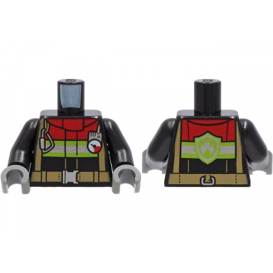 black torso fire jacket with red collar silver and lime reflective stripes dark tan harness and belt carabiner and gauge pattern black arms dark bluish gray hands