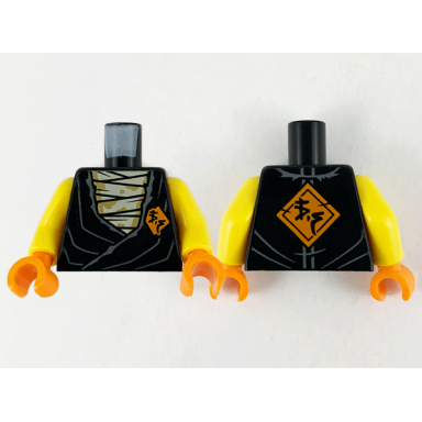 black torso tunic over tan wrappings orange diamond with black ninjago logogram vs on lapel and back pattern yellow arms orange hands