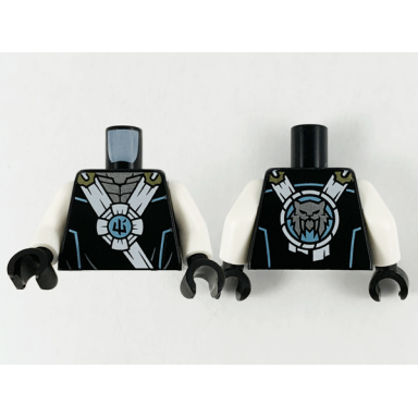black torso tunic with white hems silver neck and ninjago logogram ice in metallic light blue circle pattern white arms black hands