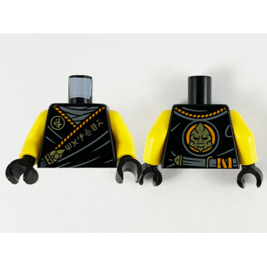black torso tunic dark bluish gray shirt orange hem copper and gold ninjago logogram master and gorilla pattern yellow arms black hands