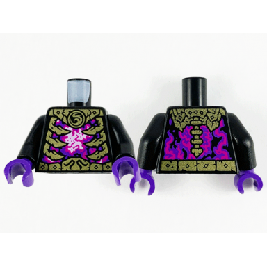 black torso gold armor and ribs magenta dark purple and white energy pattern black arms dark purple hands