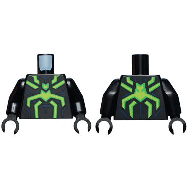 black torso spider-man costume bright green and lime spider and dark blue muscles outline pattern black arms black hands