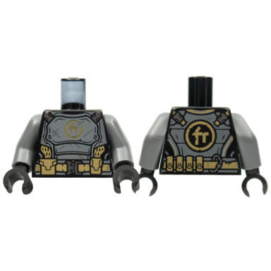 black torso dark bluish gray breastplate gold ninjago logogram letter c dark tan utility belt mesh pattern dark bluish gray arms black hands
