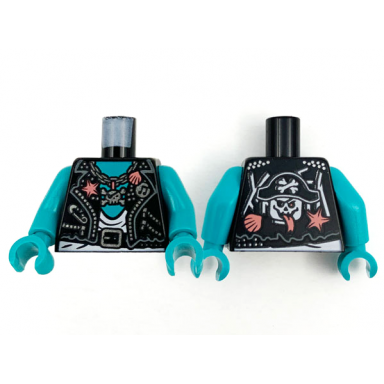 black torso biker vest coral and silver trim with skull and crossbones pendant white shirt and dark turquoise chest pirate skull on back pattern dark turquoise arms dark turquoise hands