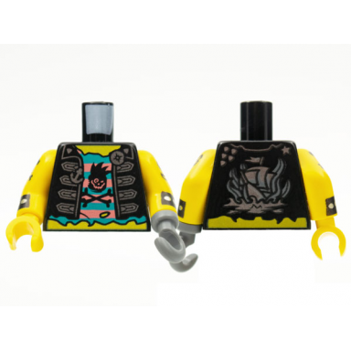 black torso vest silver clasps anchor and compass buttons shirt coral and dark turquoise stripes with black skull and crossbones pirate ship on back pattern yellow arms with cuff and pirate tattoo pattern dark bluish gray hook left yellow hand right