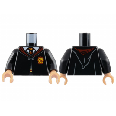 black torso hogwarts robe clasped with gryffindor crest sweater shirt and tie pattern black arms light nougat hands