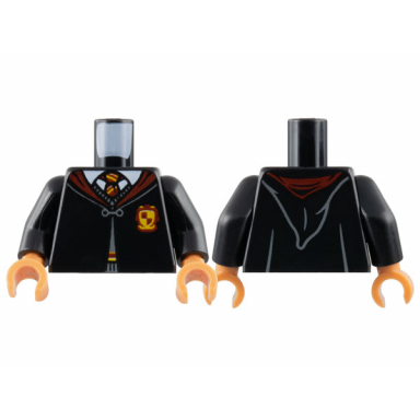 black torso hogwarts robe clasped with gryffindor crest sweater shirt and tie pattern black arms nougat hands