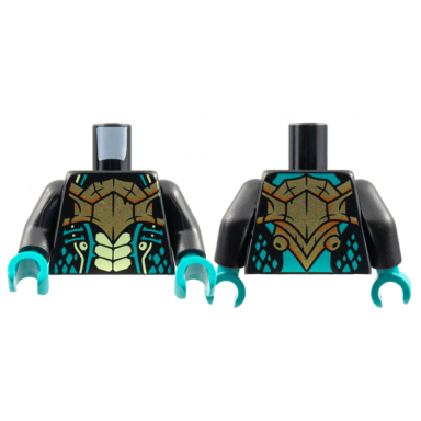 black torso bold breastplate yellowish green scales dark turquoise gills and spots pattern black arms dark turquoise hands