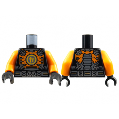 black torso orange breastplate with silver clasps and buckle bright light orange ninjago logogram letter c pattern orange arms black hands
