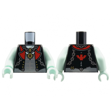 black torso vest with red lapels dark bluish gray shirt silver chains gold pendant bat on back pattern light aqua arms light aqua hands
