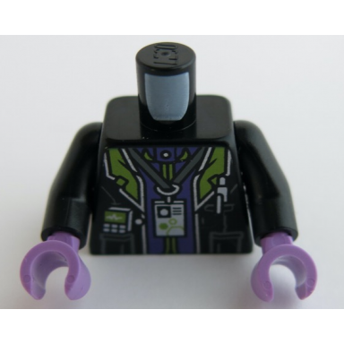 black torso black lab coat with dark bluish gray pockets and silver trim with id card on lanyard dark purple and lime undershirt pattern black arms medium lavender hands