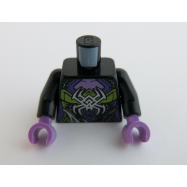 black torso medium lavender neck and silver spider over dark purple and lime dress pattern black arms medium lavender hands