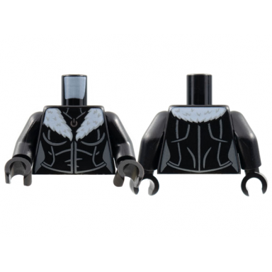 black torso female silver pendant white fur collar dark bluish gray contour lines pattern black arms black hands