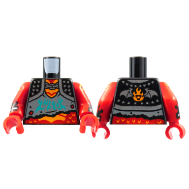 black torso spiked shoulder pads with silver chain over dark bluish gray tattered shirt with dark turquoise shapes red neck and stomach with orange scales pattern red arms with orange scales and black flames pattern red hands