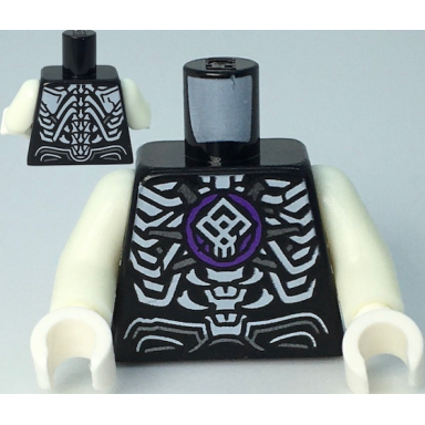 black torso monkie kid skeleton ribs with silver accents and dark purple plate on chest pattern glow in dark white arms white hands