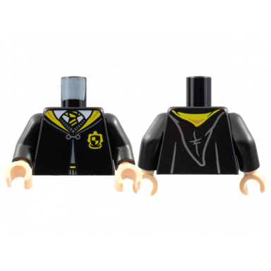 black torso hogwarts robe clasped with hufflepuff crest sweater shirt and tie pattern black arms light nougat hands