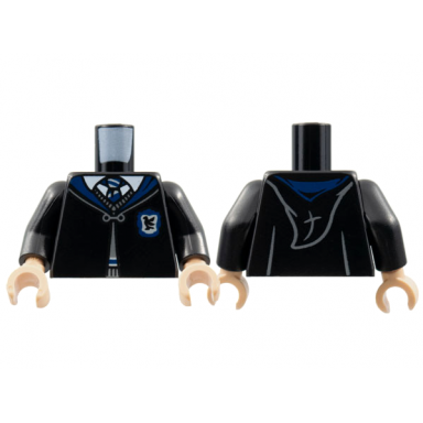 black torso hogwarts robe clasped with ravenclaw crest sweater shirt and tie pattern black arms light nougat hands