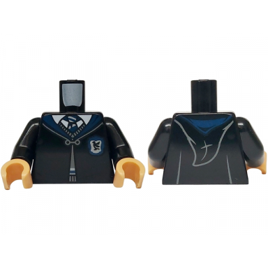 black torso hogwarts robe clasped with ravenclaw crest sweater shirt and tie pattern black arms medium tan hands