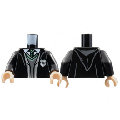 black torso jacket letter h patch dark bluish gray v-neck green trim and striped tie pattern black arms light nougat hands