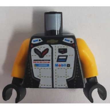 black torso racing suit with stitching chevrolet logo mobil 1 logo and corvette racing pattern bright light orange arms black hands