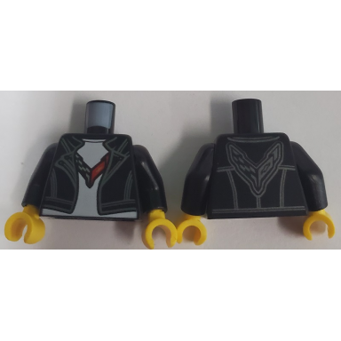 black torso leather jacket over white shirt with chevrolet logo front and back pattern black arms yellow hands