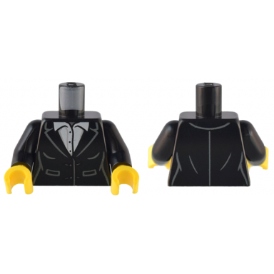 black torso female suit jacket with pockets over white button up shirt with collar dark bluish gray neck pattern black arms yellow hands