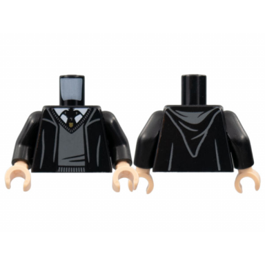 black torso robe with hood dark bluish gray sweater white shirt and hogwarts crest tie pattern black arms light nougat hands