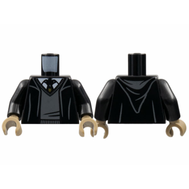 black torso robe with hood dark bluish gray sweater white shirt and hogwarts crest tie pattern black arms dark tan hands