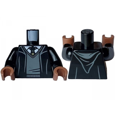 black torso robe with hood dark bluish gray sweater white shirt and hogwarts crest tie pattern black arms medium brown hands