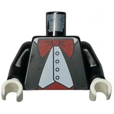 black torso jacket formal with white vest white shirt and large red bow tie pattern black arms white hands