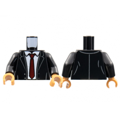 black torso suit jacket white shirt dark red tie pattern black arms medium nougat hands
