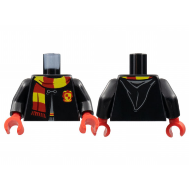 black torso hogwarts robe clasped with gryffindor shield and scarf pattern black arms red hands