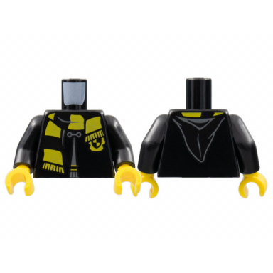 black torso hogwarts robe clasped with hufflepuff shield and scarf pattern black arms yellow hands