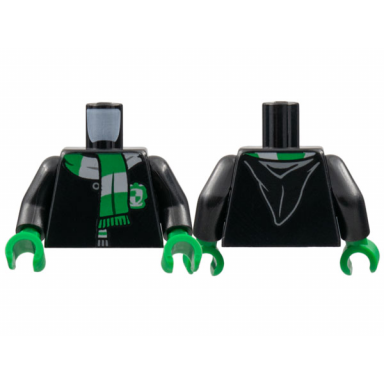black torso hogwarts robe clasped with slytherin shield and scarf pattern black arms green hands