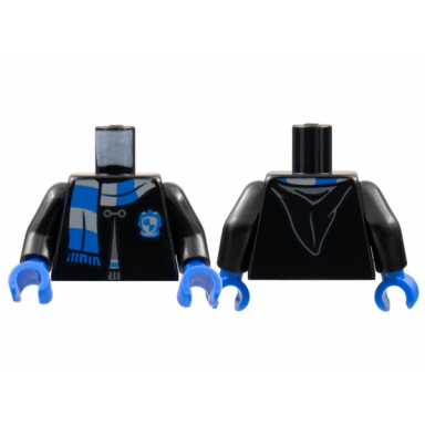 black torso hogwarts robe clasped with ravenclaw shield and scarf pattern black arms blue hands