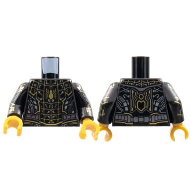 black torso armor gold spider webbing dark bluish gray circuitry pattern black arms with gold and dark bluish gray circuitry pattern pearl gold hands