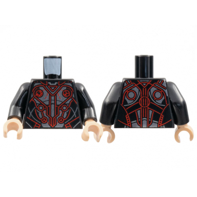 black torso armor red circles and circuitry over silver breastplate pattern black arms light nougat hands