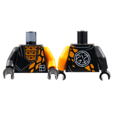 black torso tunic over orange squares stone scales white ninjago logogram letter c core logo on back pattern orange arm left black arm right black hands