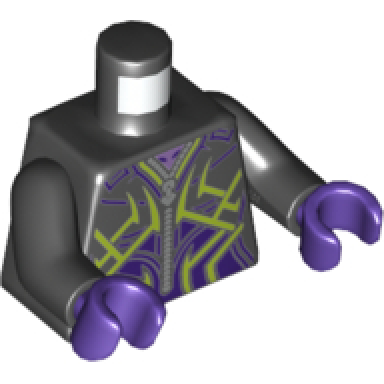 black torso jacket with zipper dark purple and lime lines pattern black arms dark purple hands