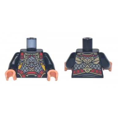 black torso red gold and silver armor buckles and straps and monkey head pattern black arms nougat hands