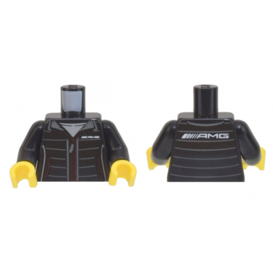 black torso jacket with red zipper and pockets dark bluish gray stripes white amg logo pattern black arms yellow hands