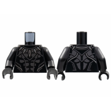 black torso super hero costume with dark silver armor panels silver animal tooth claw necklace and trim pattern black arms black hands