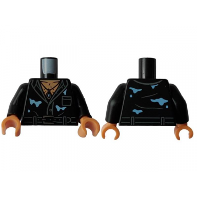 black torso shirt partially open with pocket and button belt with silver buckle nougat hairy chest pendant necklace bright light blue water stains pattern black arms nougat hands