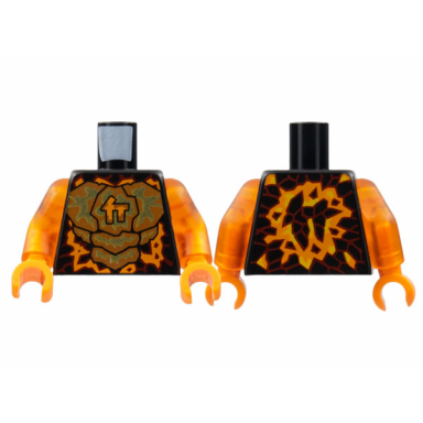 black torso orange and gold energy ninjago logogram letter c red rimmed lava stone spots pattern trans-orange arms orange hands