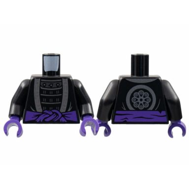 black torso robe with silver hem over armor dark purple sash flower emblem on back pattern black arms dark purple hands