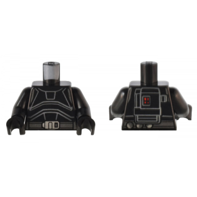 black torso sw armor with light bluish gray outlines dark bluish gray belt silver buckle and backpack with red lights pattern black arms black hands