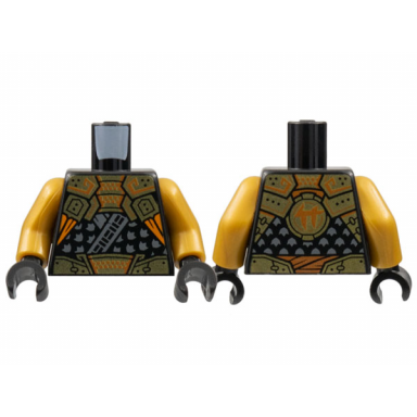 black torso tunic dark bluish gray trim gold shoulder armor and belt with orange trim ninjago logogram letter c on back pattern pearl gold arms black hands