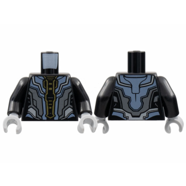 black torso armor sand blue and dark bluish gray panels gold down middle pattern black arms light bluish gray hands