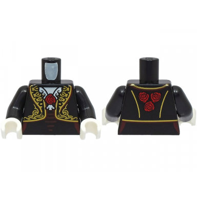 black torso la catrina open jacket with elaborate gold trim necklace red roses dark red laces white collar pattern bam black arms white hands