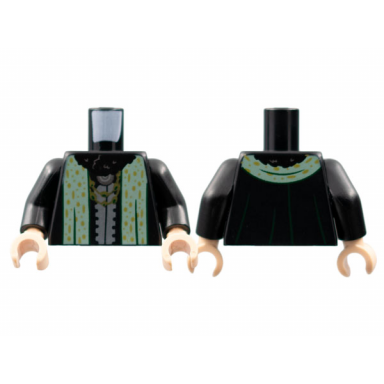 black torso robe black fur collar gold necklaces sand green stole with gold spots pattern black arms light nougat hands